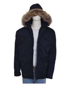 Blue Fur Collar Hooded Blue Cotton Coat