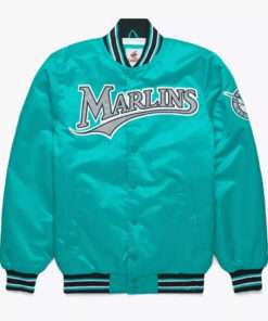 MLB Miami Marlins Turquoise Blue Satin Bomber Letterman Jacket