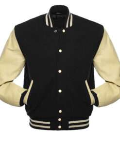 Men's Black Wool Varsity Off White Leather Sleeves Jacket