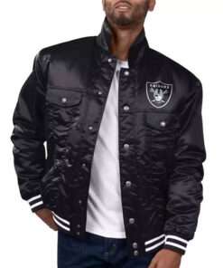 Retro Oakland NFL Raiders Classic Rib Satin Full-Snap Black Bomber Jacket